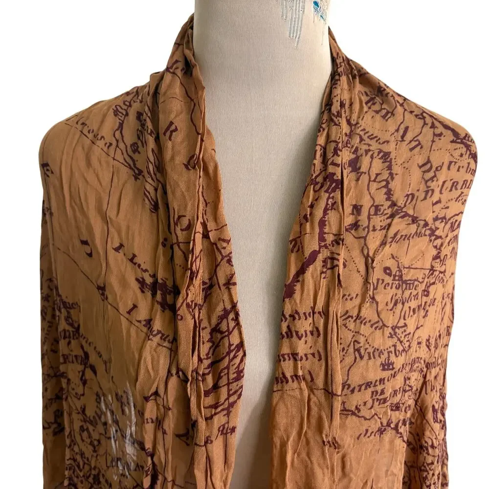 NWT Patricia Nash Riot Rust Antique Map Art Print Fringe Wrap Shawl Scarf Boho